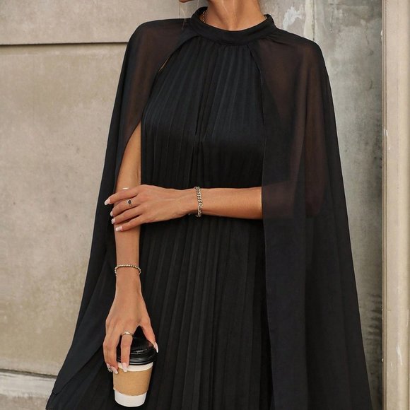 Chic and Classy Cloak Sleeve Pleated Hem Dress Black - Picture 3 of 5
